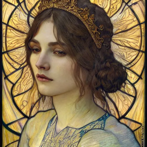 Image similar to detailed realistic beautiful young medieval queen face portrait by jean delville, alphonse mucha, vincent van gogh, and marco mazzoni, art nouveau, symbolist, visionary, gothic, pre - raphaelite