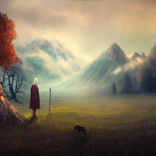Image similar to Old prophet wandering about a haunted meadow, Fantasy Realm, Distant mountains, Digital Art, 4k