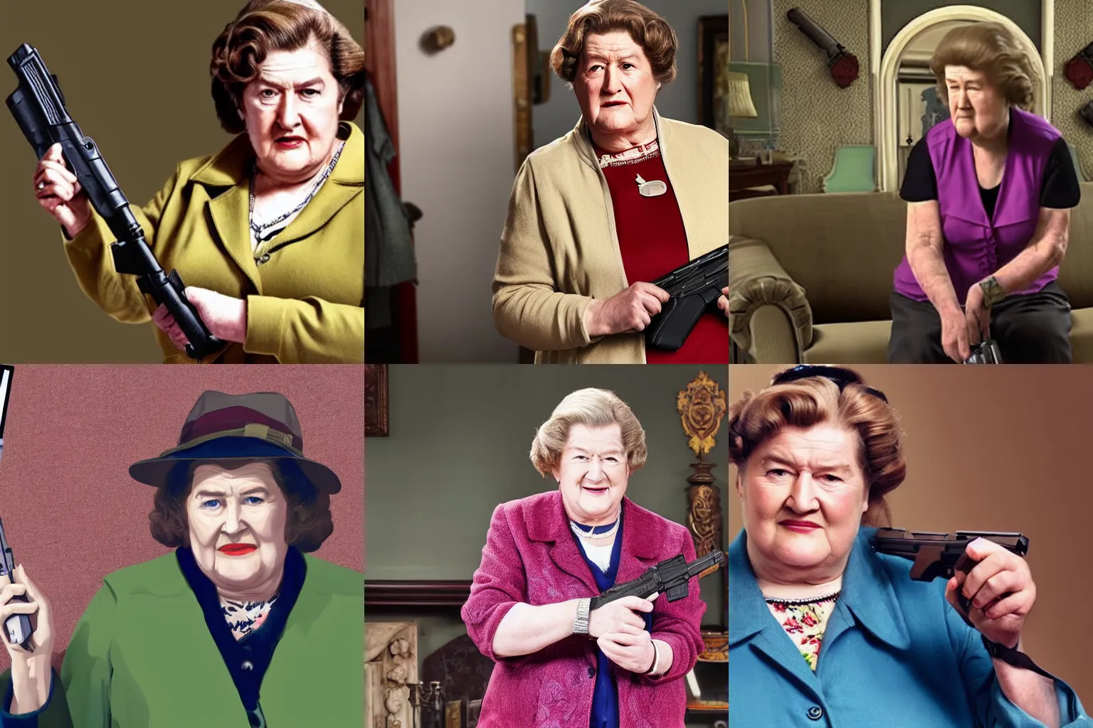 Prompt: Patricia Routledge holding a gun, GTA V loading screen