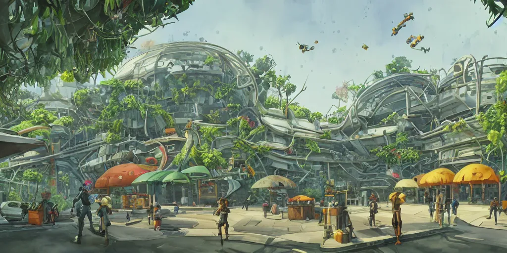 Image similar to overwatch building, stylized, exterior, architecture, in watercolor gouache detailed paintings, insanely detail, artstation, 8 k, futuristic, big medium small, arcane, simon stalenhag, food stall, interesting shapes & form, golden ratio, megastructures, in the middle of crowded jungle, forest, plant, ivy vines