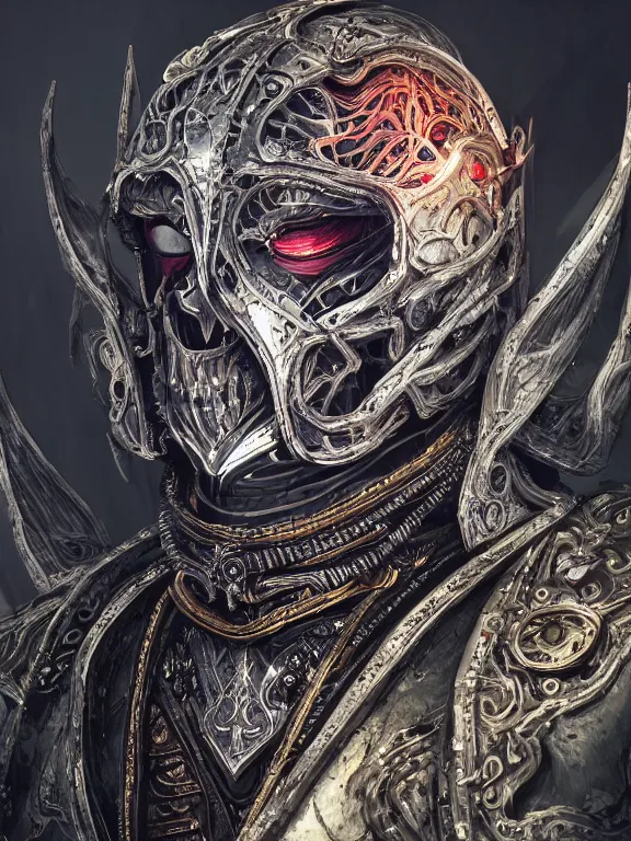 Image similar to portrait art of 8k ultra realistic undead wraith, ornate helmet , detailed intricate ornate armour,corrupted, cybernetic, full of colour, cinematic lighting, battered, trending on artstation, 4k, hyperrealistic, focused, extreme details,unreal engine 5, cinematic, masterpiece, art by ayami kojima, giger