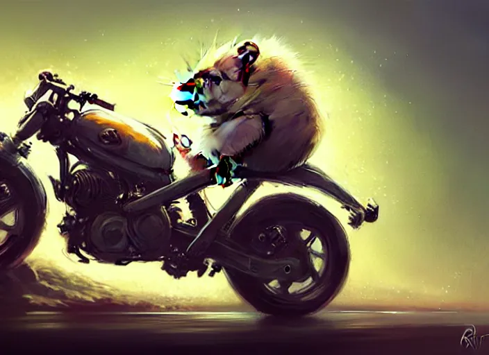 Prompt: a cute hamster riding a motorcycle, intricate, highly detailed, digital painting, artstation, concept art, sharp focus, illustration, art by greg rutkowski and Ross Tran