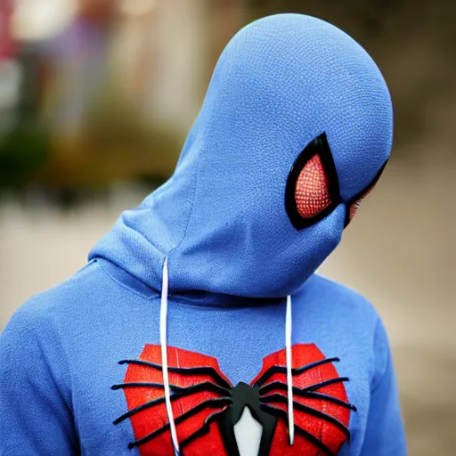 Image similar to Spiderman wearing hoodie, realistic photo