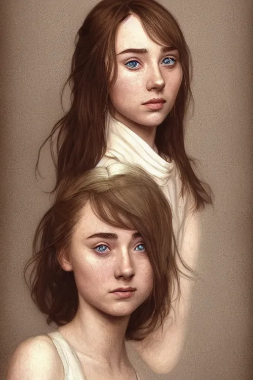 Image similar to a girl that looks like 16-year old Saoirse Ronan, Audrey Hepburn, and Scarlett Johansson, highly detailed, digital painting, artstation, concept art, smooth, sharp focus, illustration, ArtStation, art by artgerm and greg rutkowski and alphonse mucha and J. C. Leyendecker and Edmund Blair Leighton and Katsuhiro Otomo and Geof Darrow and Phil hale and Ashley wood and Ilya repin and Charlie Bowater