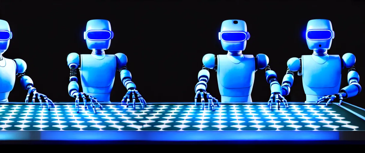 Image similar to a highly detailed photo of two futuristic matte blue full humanoid robots with glowing led eyes and chrome accents, sitting on large midcentury recliners facing off in an intense game of checkers. cinematic movie photograph, cinematic lighting, arri alexa, extremely detailed, smooth, very very clean, 8 k, octane render, maya render, unreal engine, trending on artstation, dslr
