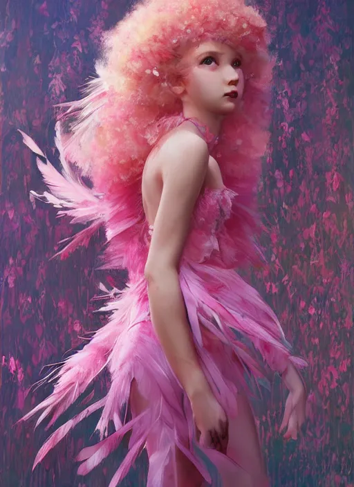 Prompt: beautiful little girl with an pink eccentric haircut wearing an dress made of feathers dancing on stage, artwork made by ilya kuvshinov, inspired in donato giancola, hd, ultra realistic, reflection, flowers, light, realistic face, bird, trending on pixiv, 8 k