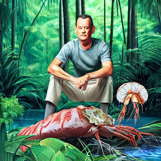 Image similar to Tom Hanks as forrest gump sitting on a giant shrimp in the jungle, realistic digital painting, photoreailstic, realistic face, amazing detail, sharp