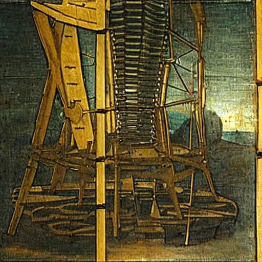 Prompt: painting of leonardo davinci building fusion reactor prototype by using wood and metal plates in italy at year 1 4 7 8.