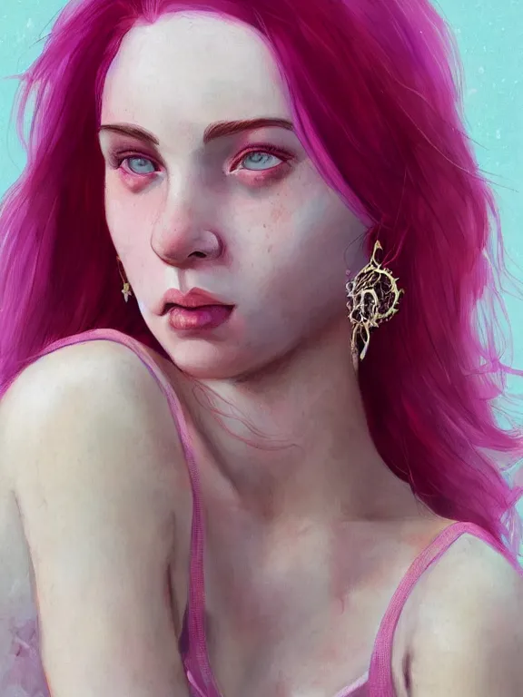 Image similar to beautiful russian girl with cute freckles and short faintly colored in pink hair and septum piercing, thin round earrings, winds of winter, au naturel, hyper detailed, digital art, trending in artstation, cinematic lighting, studio quality, smooth render, octane rendered, concept art, sharp focus, illustration, art by artgerm and greg rutkowski and wlop