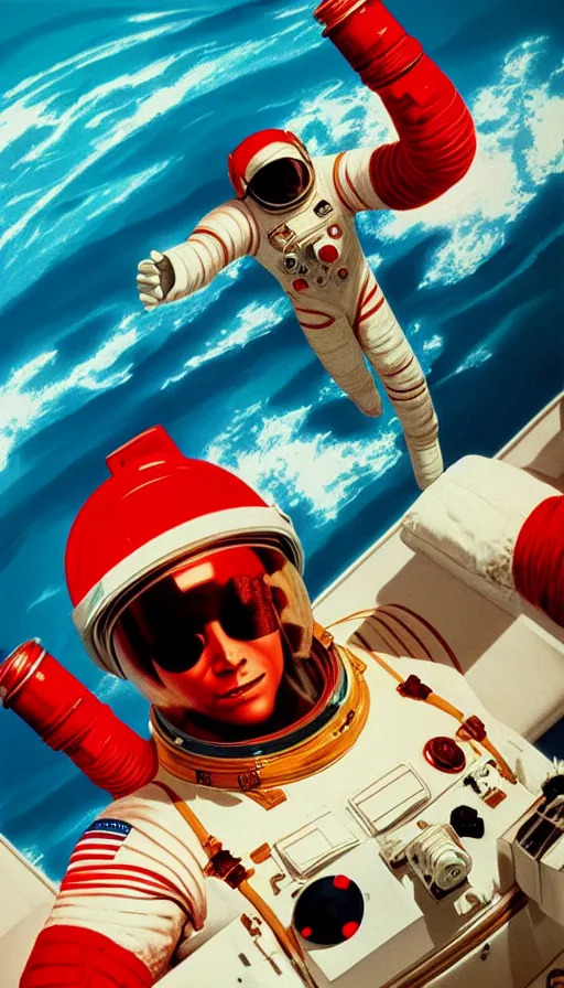 Image similar to astronaut in ocean drowning high noon red water rendered in octane by syd mead