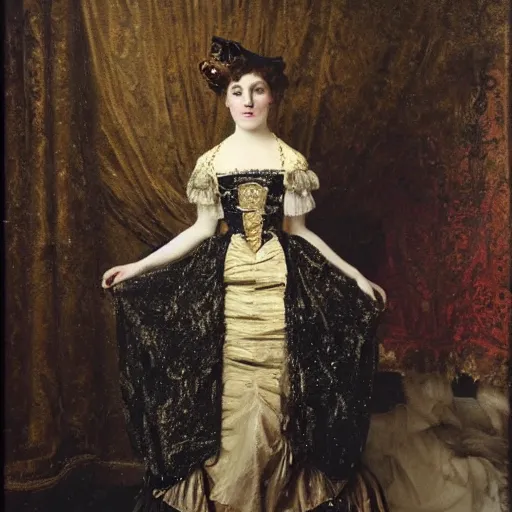 Prompt: young lady in a steampunk ballroom dress by alfred stevens