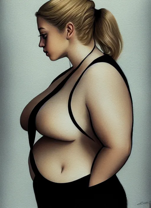 Image similar to full body portrait, teenage lili reinhart, blonde hair, obese, bangs, ponytail, sultry, realistic, sultry smirk, fluffy bangs, curly bangs, fat, belly, intricate, elegant, highly detailed, digital painting, artstation, concept art, smooth, sharp focus, illustration, art by wlop, mars ravelo and greg rutkowski