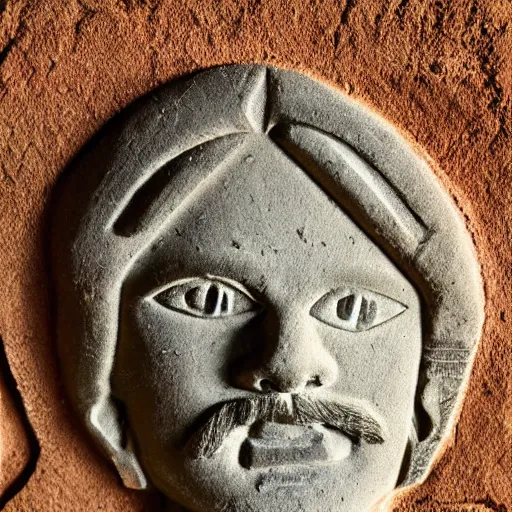 Image similar to embossed stone relief of PewDiePie. mesoamerican stone etching style. artifact. award-winning photography.