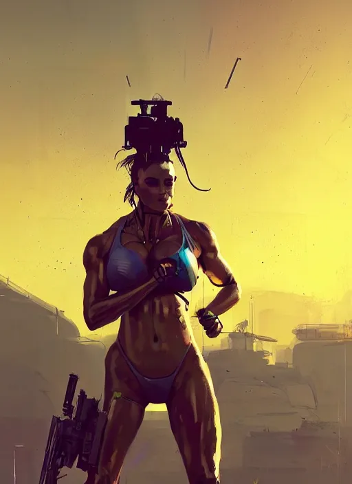 Image similar to cindy landolt as sci - fi bounty hunter, golden hour, by ismail inceoglu