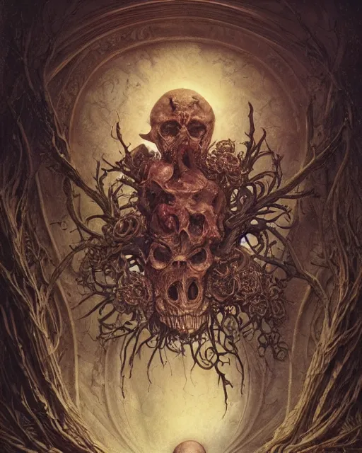 Prompt: a beautiful detailed front view of a dead rotten skull with ornate growing around, ornamentation made of baroque architecture, elegant, beautifully soft lit, by wayne barlowe, peter mohrbacher, kelly mckernan