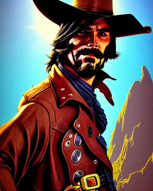 Image similar to mccree from overwatch, space cowboy, character portrait, portrait, close up, concept art, intricate details, highly detailed, vintage sci - fi poster, retro future, in the style of chris foss, rodger dean, moebius, michael whelan, and gustave dore