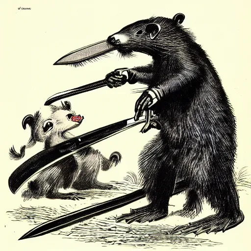 Image similar to a threatening skunk wielding a switchblade. Detailed 1865 Illustration by John Tenniel.