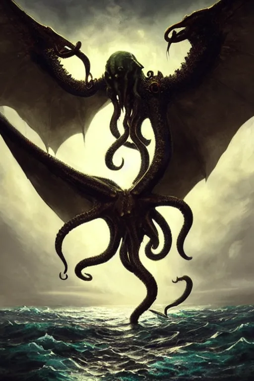 Image similar to cthulhu rising from the ocean with wings spread, digital art, magic the gathering, mtg, by greg rutkowski, trending on artstation