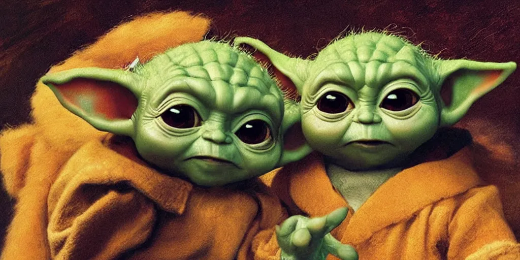 Prompt: Baby Yoda and Mando dance, by rembrandt and don bluth, ultra detail, bright natural light, saturated colors