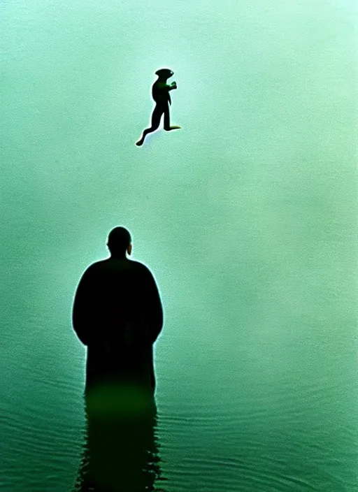 Image similar to “pepe the frog vertically hovering above misty lake waters in jesus christ pose, low angle, long cinematic shot by Andrei Tarkovsky, paranormal, eerie, mystical”