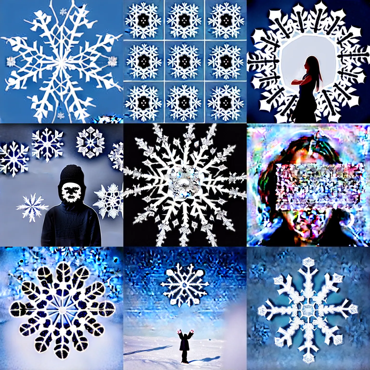 Prompt: surreal photography snowflakes with tiny faces