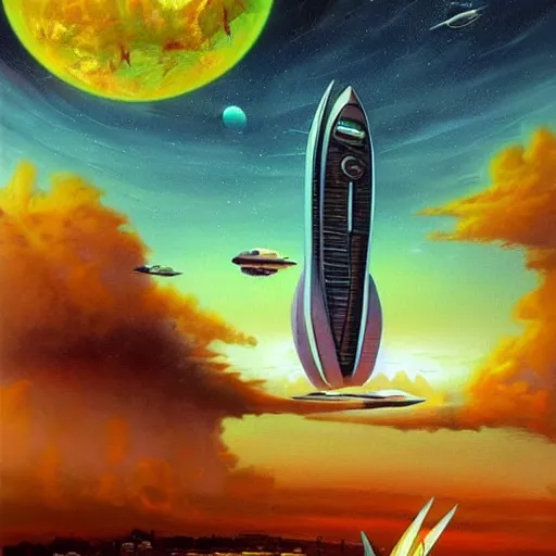 Image similar to Beautiful city of the future in harmony with nature, spaceship in the sky. Nice colour scheme, soft warm colour. Beautiful painting by Lurid. (2022)