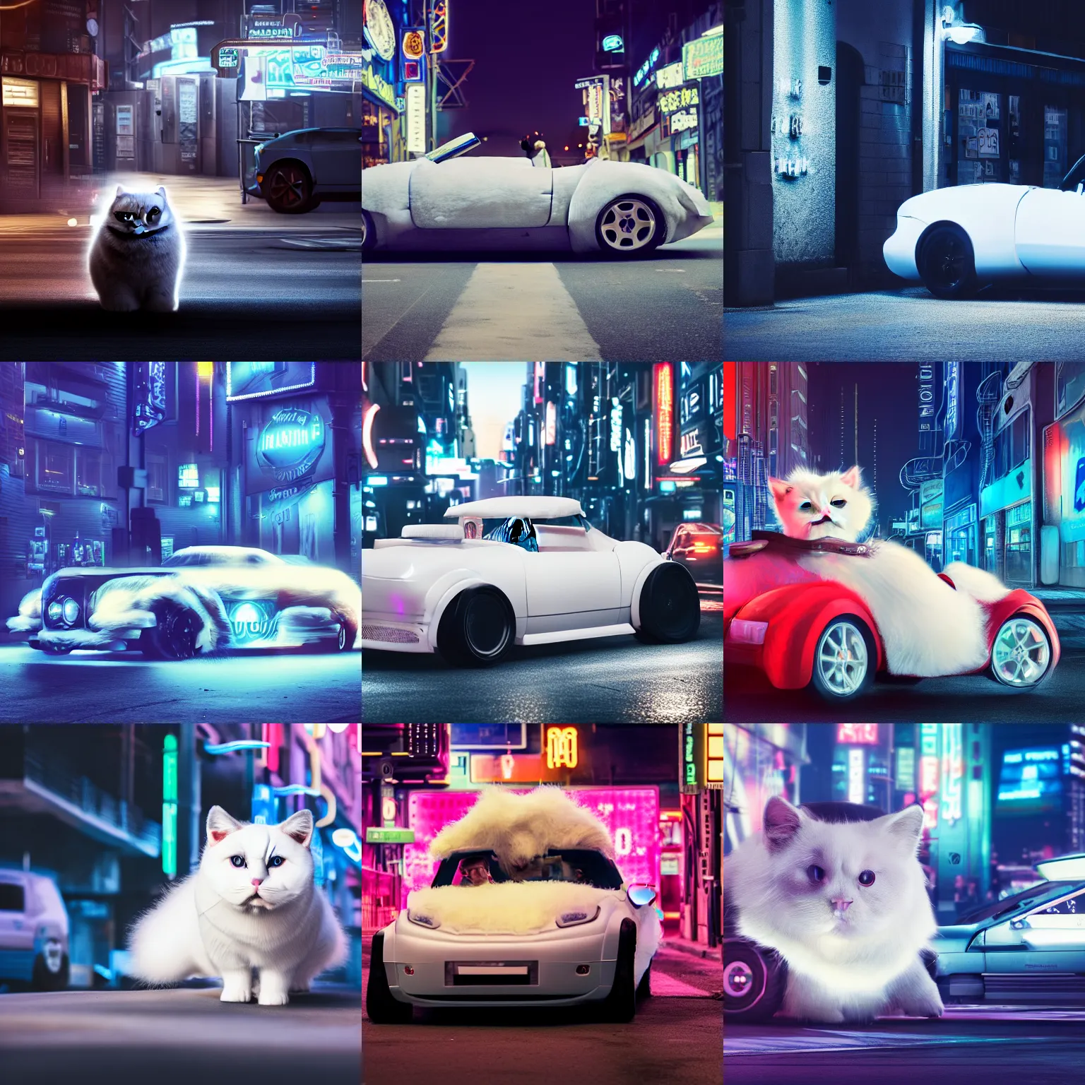 Prompt: a fluffy roadster is covered with white fur and has a head that looks like a British Shorthair cat, parking in the street, Cyberpunk, neon light, 4k, hd, highly detailed