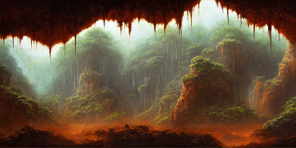 Prompt: rusty cave openings in the jungle, matte oil painting, by frank herbert, retrofutistic, science fantasy, rpg, epic, extremely detailed, sharp focus, 4 k