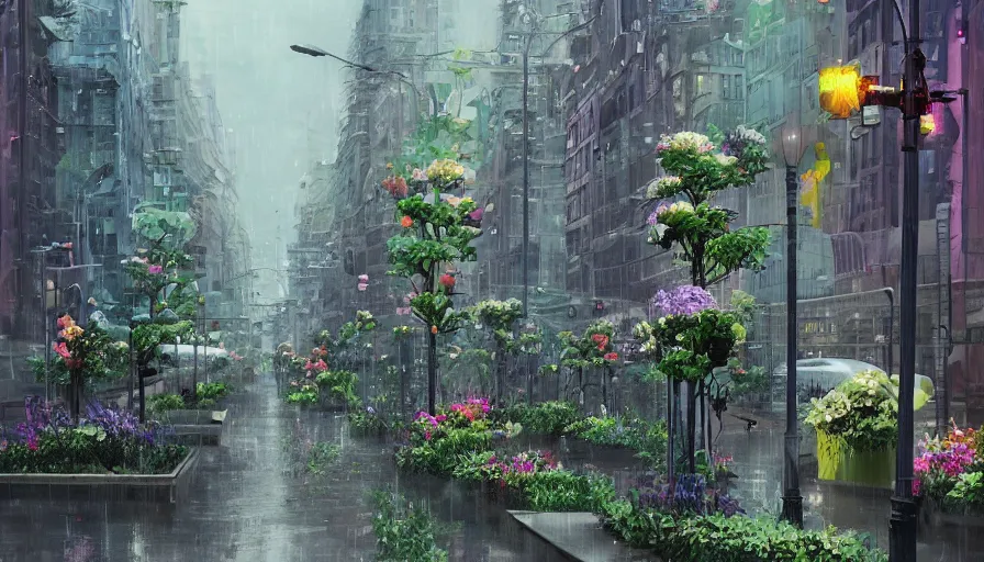 Image similar to city full of flowers, plant and trees, during heavy rain, artstation