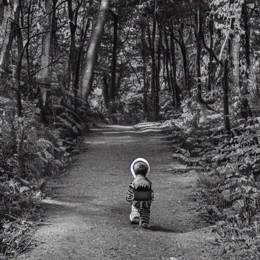 Image similar to little boy with a backpack in a forest, in the style of mcbess