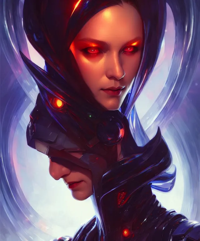 Prompt: futuristic vampires portrait, sci-fi, fire eyes, face, short blue hair, fantasy, intricate, elegant, highly detailed, digital painting, artstation, concept art, smooth, sharp focus, illustration, art by artgerm and greg rutkowski and alphonse mucha