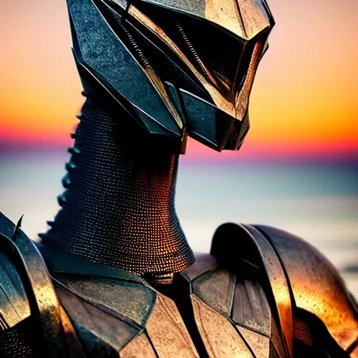 Prompt: chest up bust shot, realistic detailed stunning beautiful armored anthropomorphic humanoid robot female dragon, looking to the side with an elegant pose, smooth and streamlined armor and design made of steel, sharp claws and sharp teeth, high quality head, Slick LEDs, standing on two legs, on the beach during sunset, high quality, cinematic art, sci fi, sunset lighting, 3D render, 8k, artstation, deviantart, furaffinity