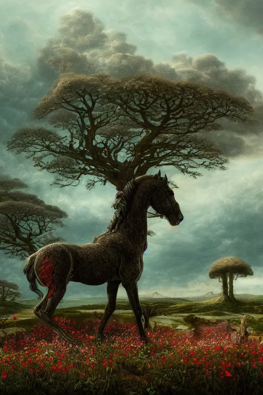 Image similar to a beautiful digital landscape painting of a detailed gothic fantasy horse and roots, dark mushroom, flowers by benoit b. mandelbrot, steven belledin, martin johnson heade, lee madgwick, caspar david friedrich, and david rios ferreira. 8 k resolution trending on artstation concept art digital illustration