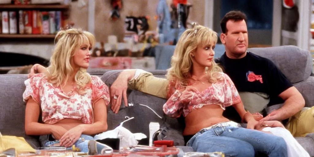 Image similar to Kelly Bundy sitting next to Al Bundy on the couch, Married with children (1989)