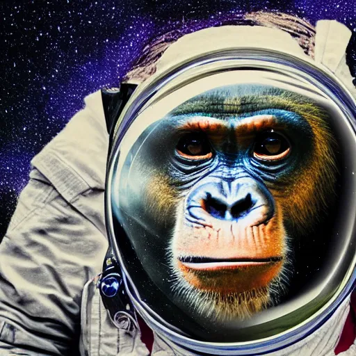 Prompt: double exposure portrait of one humanastronaut and one other chimpanzee astronaut with space and time in the the background by davinci, circles, psychedelic, pencil art, high definition, dynamic lighting stars, sharpness, golden ratio