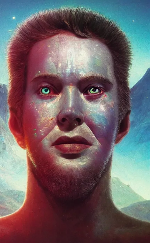 Prompt: extremely detailed cinematic movie still 3 0 7 7 portrait shot of a god of rainbow 2 5 years old white man hyperreal skin face at the mountain top by denis villeneuve, wayne barlowe, simon birch, marc simonetti, philippe druillet, beeple, bright volumetric sunlight from remote star, rich moody colors, closeup, bokeh