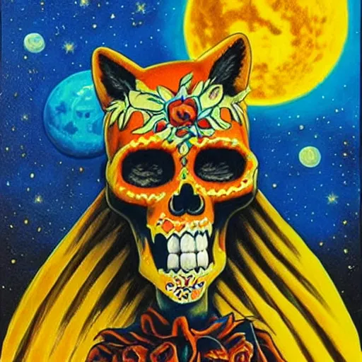 Prompt: a dia de los muertos themed fox skull character, themed on the stars and moon, painting by jeff easley