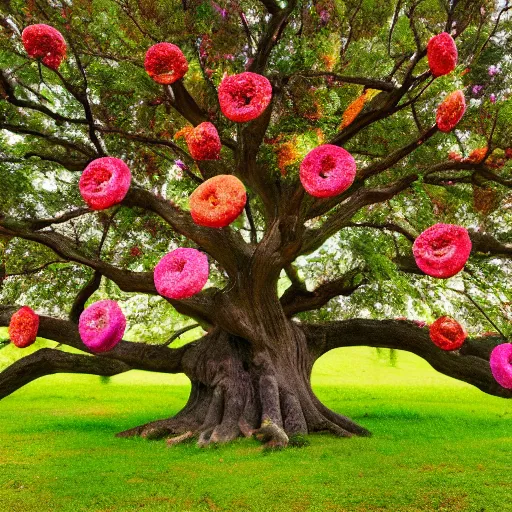 Image similar to a large tree with doughnut flowers, bold natural colors, national geographic photography, masterpiece, 8 k, raw, unedited, symmetrical balance