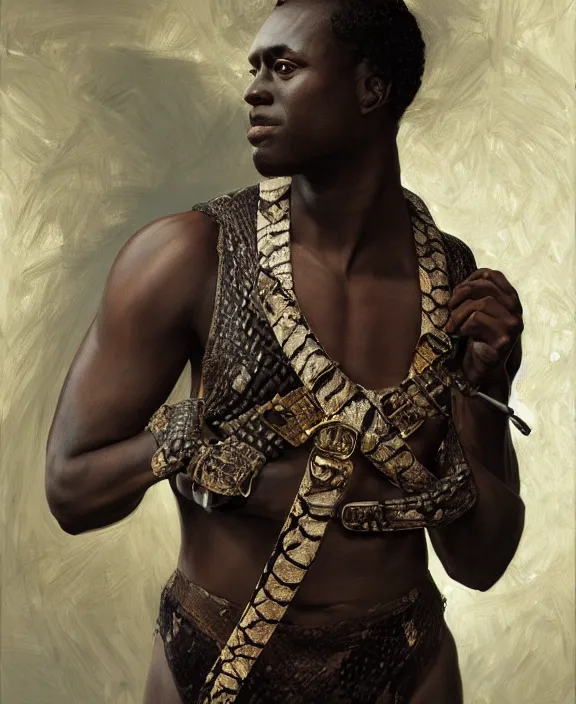 Image similar to a dark skinned man wearing an intricate and detailed inticate suspenders set, wrapped in a python, honey birdette, realistic renaissance portrait, highly detailed, digital painting, artstation, concept art, smooth, sharp focus, cinematic lighting, art by john collier, artgerm and greg rutkowski and alphonse mucha and jacques louis david