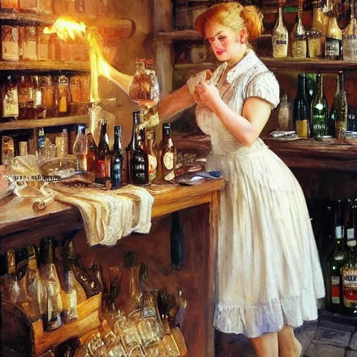 Image similar to hot blonde working in a wine cellar, food, pork, beer, schnapps, rustic, traditional, torches on the wall, painting by vladimir volegov and carl larsson