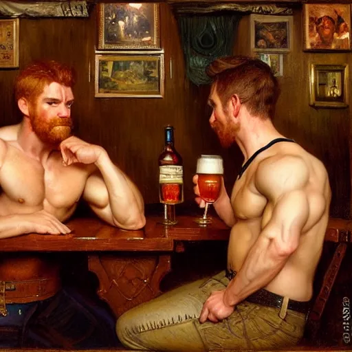 Image similar to attractive muscular mike with ginger hair with muscular attractive tyler with brunet hair, drinking their hearts out, in a pub. very defined and highly detailed painting by gaston bussiere, j. c. leyendecker, craig mullins 8 k