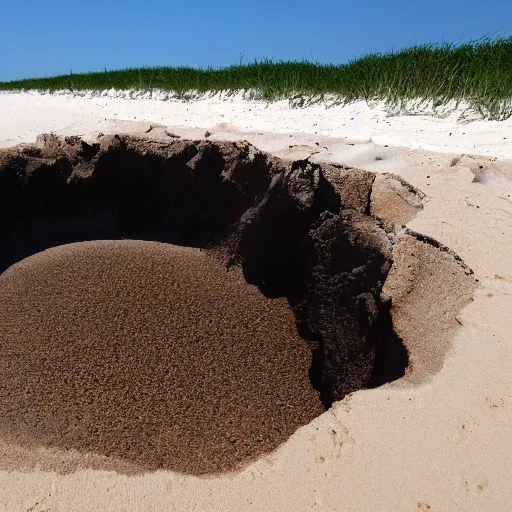 Image similar to deep dark hole on a sandy mississippi beach that has a few snakes crawling out of it, no trees no palm trees, no rocks.