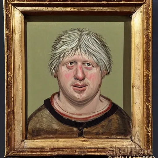 Prompt: boris johnson as a peasant from 1 2 th century england, exhibited in the british museum, oil on canvas, art, restored painting, 1 2 th century