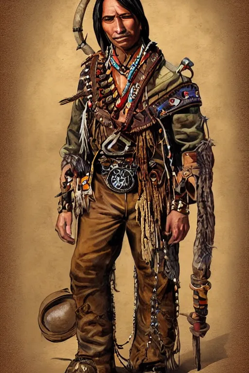 Image similar to deadlands character portrait of a thin native american indian man in his early 3 0 s, wearing traditional cargo buckskin jacket buckskin tactical toolbelt pockets bandolier full of trinket and baubles, steampunk arcane shaman, weird west, by steve henderson, sandra chevrier, alex horley