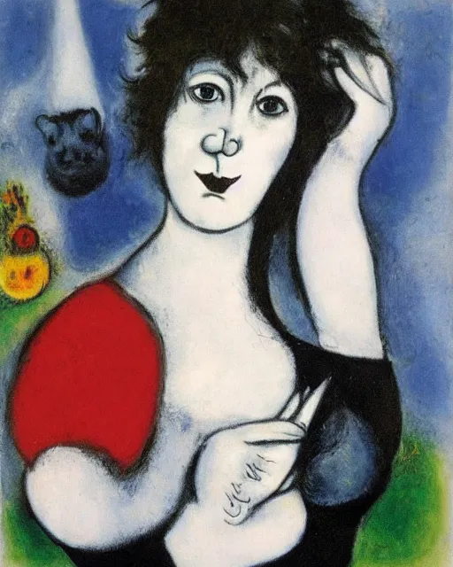 Image similar to A goth portrait painted by Marc Chagall. Her hair is dark brown and cut into a short, messy pixie cut. She has a slightly rounded face, with a pointed chin, large entirely-black eyes, and a small nose. She is wearing a black tank top, a black leather jacket, a black knee-length skirt, a black choker, and black leather boots.