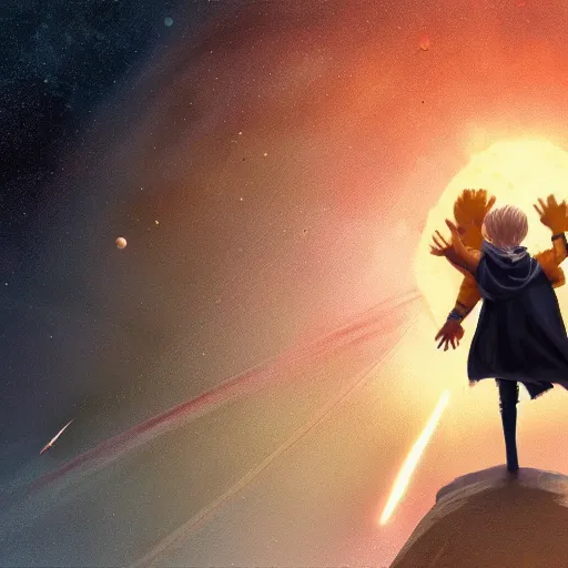 Prompt: blonde boy with golden eyes wearing a brown cape and flying in t pose, space background, greg rutkowski