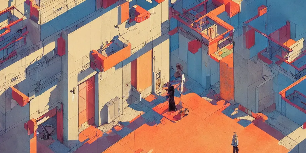 Image similar to neo brutralism, concrete housing, concept art, colorful, orange red and turquoise tones, light, shadows, reflections, 3D, in the style of Akihiko Yoshida and Edward Hopper