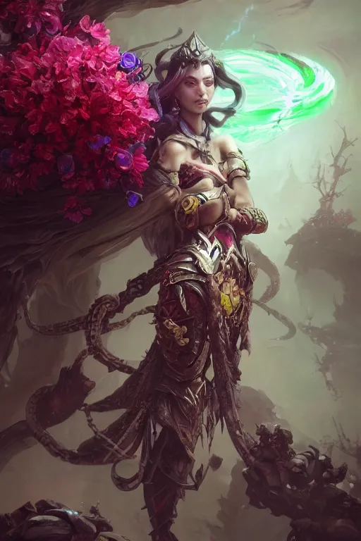 Image similar to beautiful girl necromancer covered with snake sking exploding into blood, practical armor, heroes of the storm, 3 d render, hyper realistic detailed portrait, holding magic flowers, ruan jia, wlop. scifi, fantasy, hyper detailed, octane render, concept art, peter mohrbacher