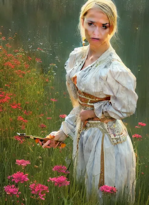 Prompt: a professional painting of an russian young blonde girl intricate, wearing russian folk clothes, in the morning light, at the beautiful river, surrounded by flowers, elegant, digital painting, concept art, smooth, sharp focus, finely detailed illustration, beautifully framed, from Metal Gear, in the style of Artgerm and Greg Rutkowski and William-Adolphe Bouguerea