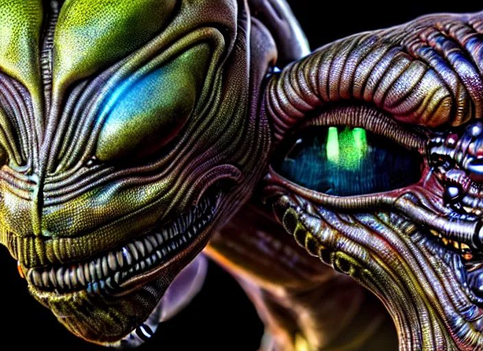 Image similar to hyperrealism, detailed textures, photorealistic 3 d render, an alien with crimsom coloured eyes in a super star system from 5 million years ago, sharp focus, ultra realistic, ultra high pixel detail, cinematic, intricate, cinematic light, concept art, illustration, art station, unreal engine 8 k